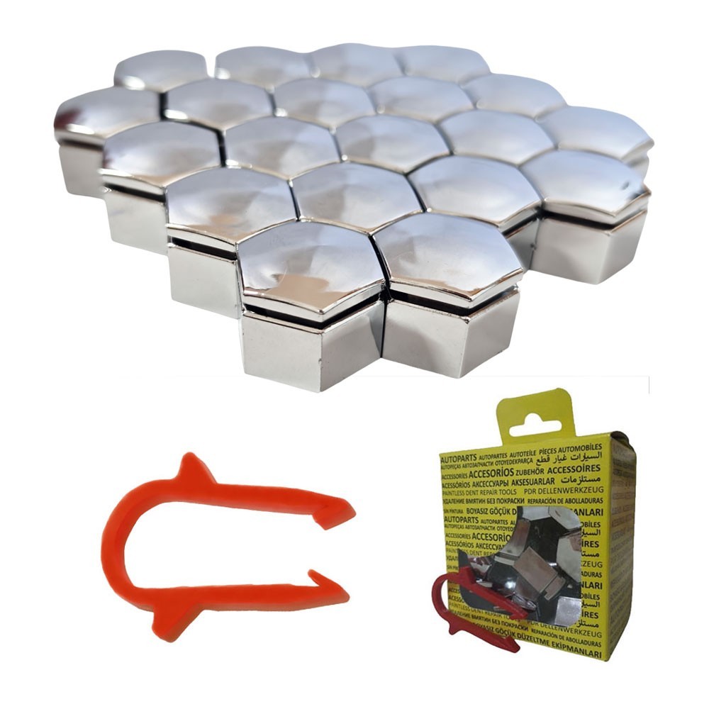 M22 Bijon Kapağı Seti 22x21mm Krom Universal 13283158 6008962 20 Adet + Sökme Aparatı